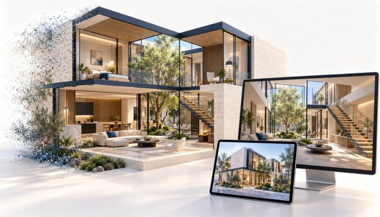 Architectural exploration: concept illustration Concept illustration of an architectural scene explored from different viewpoints on desktop and tablet screens.
