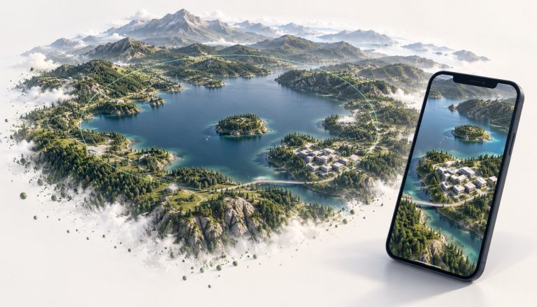 Geospatial viewing area: concept illustration Concept illustration of a navigable landscape and surrounding terrain displayed on a phone.