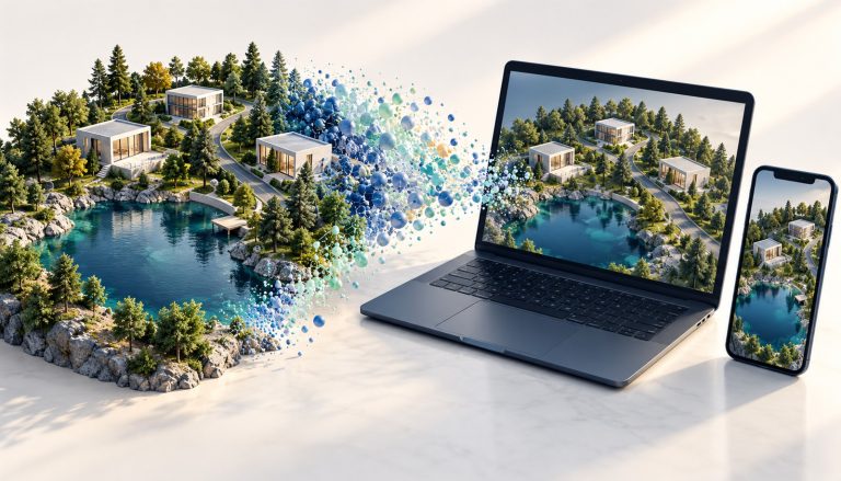 Concept illustration of a detailed landscape becoming an interactive 3D view on a laptop and phone.